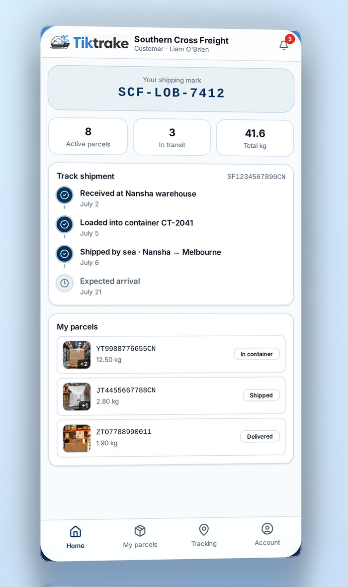 Customer shipment dashboard TikTrake customer dashboard screenshot listing personal parcels with warehouse photo thumbnails, total weight and container status