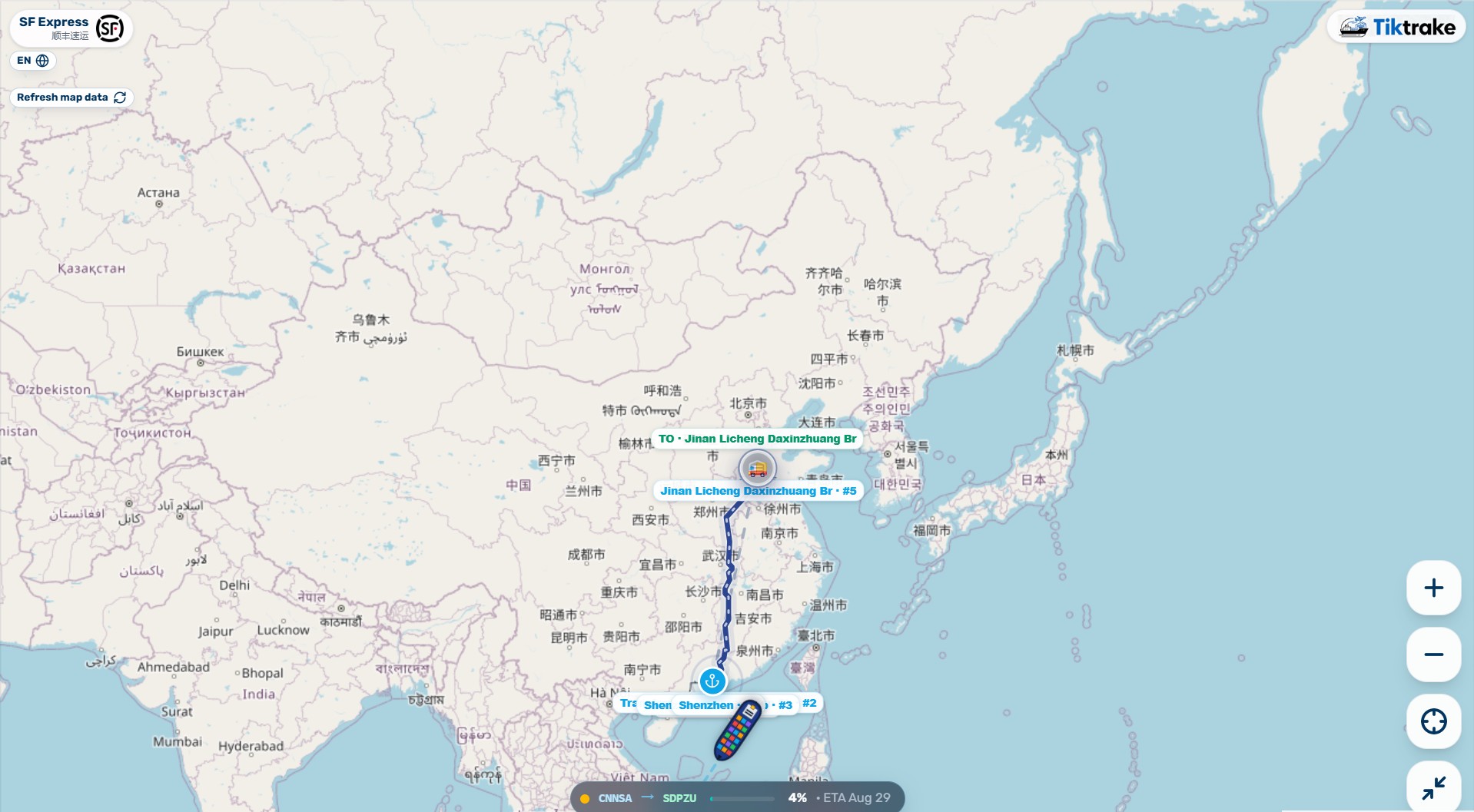 Domestic parcel tracking map inside China TikTrake domestic tracking map inside China showing an SF Express parcel route from Shenzhen north to Jinan Licheng Daxinzhuang Branch with live stops and a progress bar