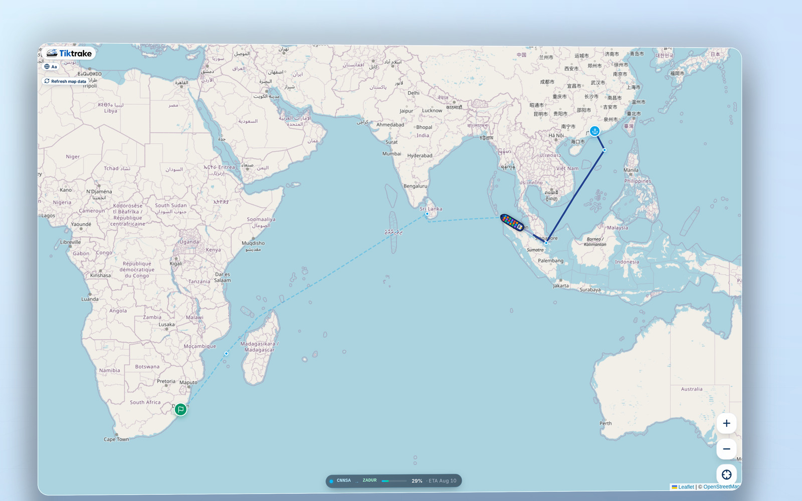 Live overseas container and vessel tracking screen TikTrake overseas container tracking screen showing a Nansha to Durban South Africa voyage with a Singapore transshipment stop